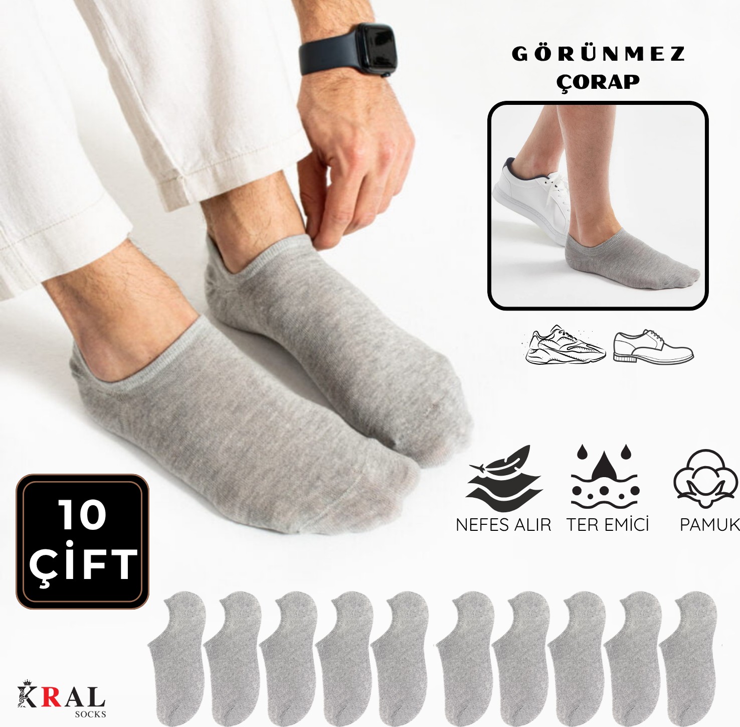 Kral Socks Erkek - Kadın Düz Desen (10 Çift) Snikers Pamuklu Terletmez Çorap