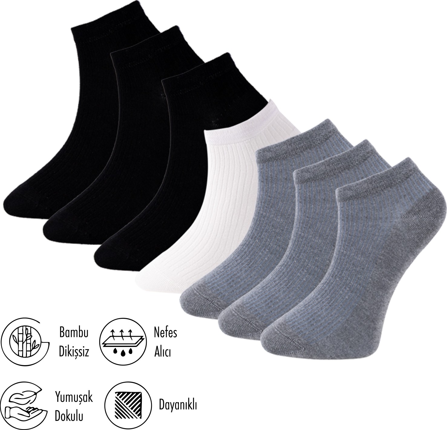 Lion Monroe Saf Bambu 4 Mevsim Erkek Patik Düz Kısa Siyah - Beyaz - Füme Çorap Dikişsiz Premium Hediye Kutulu 7'li Comfort Series L5952AZNP