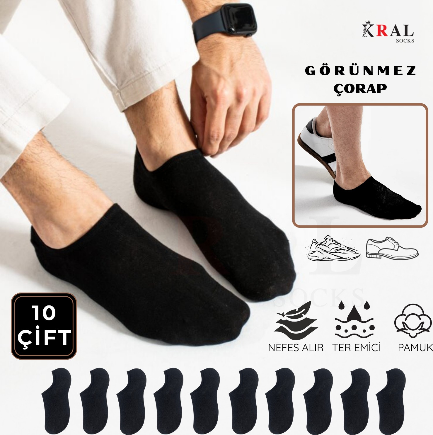 Kral Socks Erkek - Kadın Düz Desen (10 Çift) Snikers Pamuklu Terletmez Çorap
