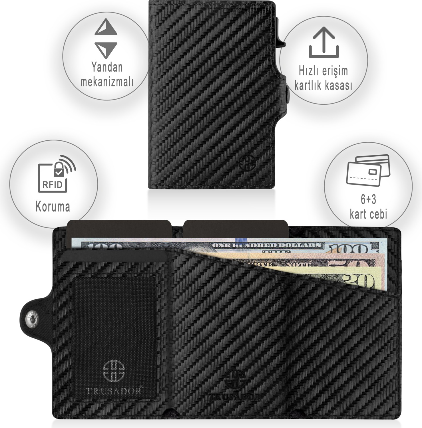 Trusador Palermo Carbon Mekanizmalı Üçe Katlanır Kartlık Hakiki Deri Cüzdan Unisex Kadın Erkek Rfid Korumalı görsel 6