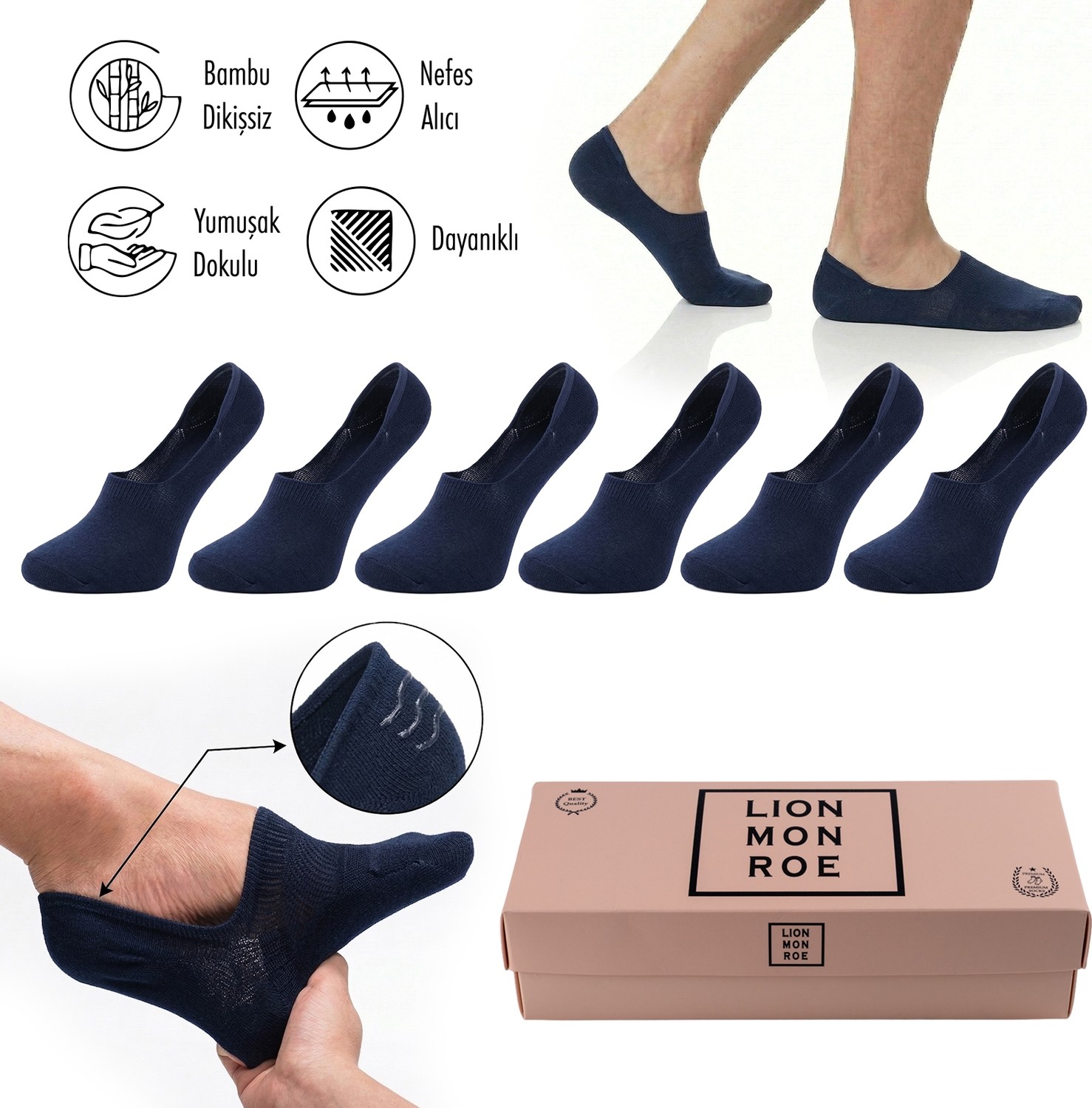 Lion Monroe Saf Bambu 4 Mevsim Kadın Babet Çorap Dikişsiz Görünmez Kaydırmaz Topuk Silikonlu Premium Hediye Kutulu 6'lı Prime Comfort S682AZNS görsel 3