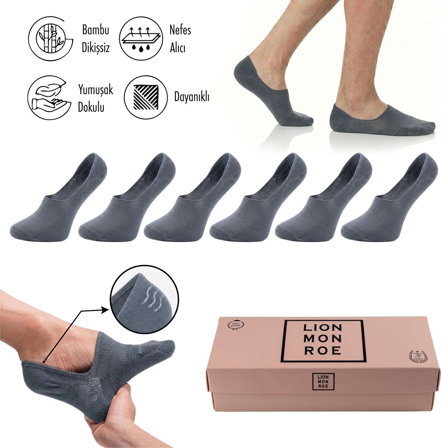 Lion Monroe Saf Bambu 4 Mevsim Kadın Babet Çorap Dikişsiz Görünmez Kaydırmaz Topuk Silikonlu Premium Hediye Kutulu 6'lı Prime Comfort S682AZNS görsel 5
