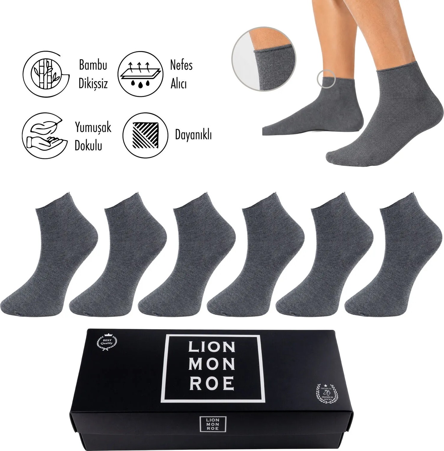 Lion Monroe Saf Bambu Erkek Lastiksiz Soket Dikişsiz Premium Çorap 6'lı Paket / Iz Bırakmaz / Sıkmayan / Diyabetik Çorap