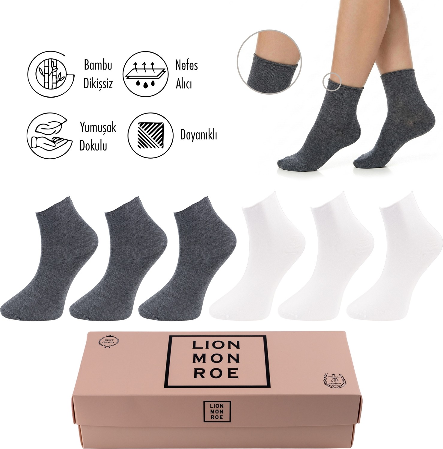 Lion Monroe Saf Bambu Kadın Lastiksiz Siyah Soket Dikişsiz Premium Çorap Kutulu 6'lı / Iz Bırakmaz / Sıkmayan Çorap L5952AZNB Softaura görsel 6