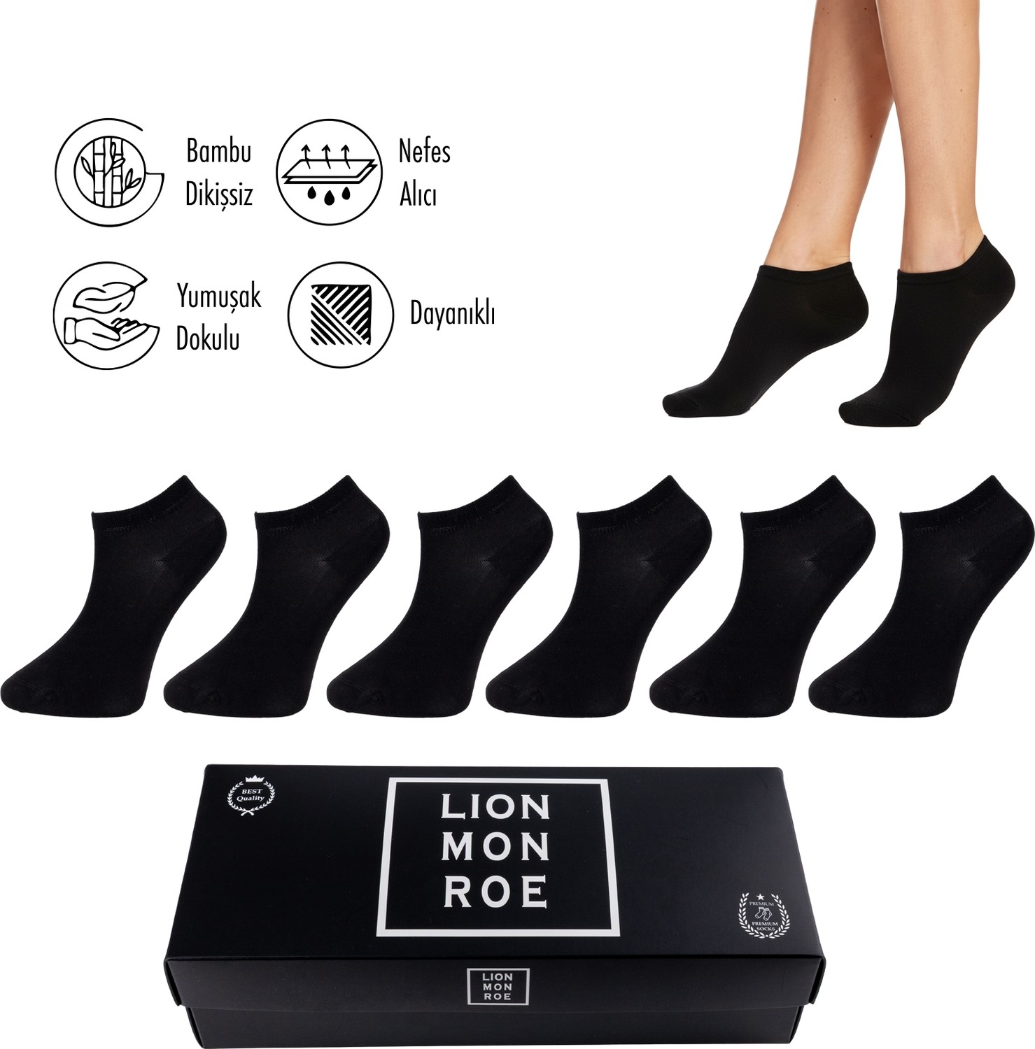 Lion Monroe Saf Bambu 4 Mevsim Erkek Patik Düz Siyah Çorap Dikişsiz Premium Hediye Kutulu 6'lı Prime Comfort Serisi S680AZNS