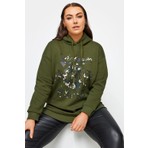 Stil Diva Kadın Haki Uzun Kollu Kapüşonlu Sweatshirt Yazı Baskılı Ekstra Rahat Tasarım 302834