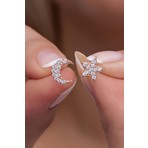Nereze 925 Ayar Gümüş Minik Ay Yıldız Model Küpe Zirkon Taşlı Rose Gold Renkli Kadın Aksesuar