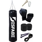Desfabe Boxing Star 70X25 cm Zincirli Boks Kum Torbası Siyah+Askı Aparatı+Boks Eldiveni+El Sargı Bandajı+Atlama Ipi