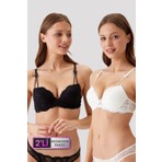 Pierre Cardin 6813 2'li Ekonomik Paket Milan Destekli - Pushup Siyah-Ekru Dantelli Sütyen Set