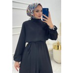 Neşeli Butik Kadın Krep Kuşaklı Gül Detaylı Salaş Tulum Siyah Geniş Paça Özellikli NMS003