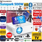 Vankyo Sunspark 500W Android TV 1080P Destekli Projeksiyon Cihazı 5G Wi-Fi + 5.1 Bluetooth - LCD LED - 240 Inç Yansıtma-Dahili Hoparlör-PS5/XBOX/HDMI/USB/VGA/AV