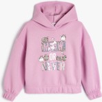 Koton Kapşonlu Kız Çocuk Sweatshirt Mor Renkli Kedi Baskılı Uzun Kollu Pullu Payetli