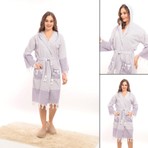 Rozet Tekstil Hürrem Mor L/XL Püsküllü Kapüşonlu Banyo Sauna Havuz Plaj Kadın Erkek Unisex Cepli Pamuklu Peştamal Bornoz