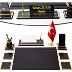 İsimlik Sepeti Star Mermer Desenli Ahşap Sümen Takımı 9 Parça Deri Sümen Seti Masa İsimliği