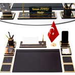 İsimlik Sepeti 11 Parça Türk Bayraklı Mermer Desen Ahşap Sümen Takımı Deri Sümen Seti