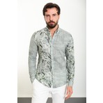 Yaprak Desenli Haki Slim Fit Uzun Kollu Gofre Erkek Gömlek