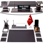 İsimlik Sepeti Türk Bayraklı Mermer Desen Ahşap Sümen Takımı 11 Parça Gümüş Renkli Masa İsimliği Seti