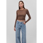 Mavi Uzun Kollu Kahverengi Crop Basic Tişört 1612822-81959