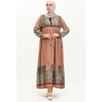 Sefa Merve Desenli Viskon Elbise 4073-07 Bakır