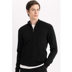 DeFacto Siyah Standart Fit Normal Kesim Dik Yaka Fermuarlı Basic Düz Triko Kazak A5184AX24AU