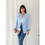 Kruvaze Yaka Düğmesiz Cepli Desen Astarlı Katlanılabilir Kol Blazer Ceket