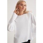 Grimelange Basıl Kadın %100 Pamuk Bisiklet Yaka Oversize Fit Uzun Kollu Beyaz T-shirt