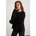 Grimelange Basıl Kadın %100 Pamuk Bisiklet Yaka Oversize Fit Uzun Kollu Siyah T-shirt
