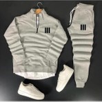 Yoho Sport Unisex Üç Çizgi Baskılı Yarım Fermuarlı Sweatshirt-Eşofman Altı Set Kombin