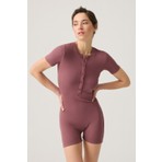 Los Ojos Bordo Fitilli Kısa Kollu Kısa Tulum Short Romper