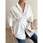 Emmas Clothing Kadın Beyaz Gömlek Belden Oturtmalı Pileli Düz Renk Günlük Stil Ekoteks Sertifikalı