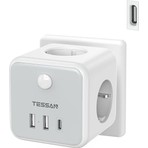 Tessan Duvar Tipi 3'lü Priz Açma Kapama Özellikli 2 USB A+1 USB C Beyaz-Grı Renkli