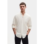 Ds Damat Comfort Ekru Düğmeli Yaka Rahat Kesim Keten Görünümlü %100 Pamuk Gömlek 2HC02ORT64265