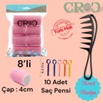 Croc 1207 Cırtlı Sünger Bigudi 8li Çap 4 cm Pembe + 10lu Saç Pensi