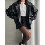 Meecy Unisex Oversize Vintage Siyah Deri Ceket