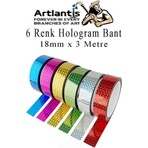 Artlantis Renkli Hologram Bant 6 Renk 1 Paket 18MM x 3 Metre Yaldızlı Metalik Desenli Fosforlu Hologram Bant Hobi Tasarım