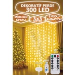 300 Ledli 10 Saçaklı Sarı LED Kumandalı 8 Modlu Perde LED Peri Mutfak Işık Dekoratif Lamba