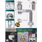 Life Time Design Lüks Pop-Up Lavabo Eviye Gider Sifonu Gri Renkli Basmalı Taslı Körüklü 45 cm - 145 cm Boyut
