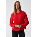Grimelange Basıl Kadın %100 Organik Pamuk Bisiklet Yaka Oversize Fit Uzun Kollu Kırmızı T-Shirt