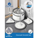 Cleova Yeni Tasarım Otomatik 360° Döner Mop ve Temizlik Seti, 3 Başlıklı Paspas Mop
