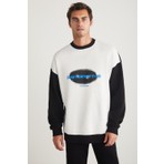 Grimelange Hanion Erkek %100 Pamuk Bisiklet Yaka Oversize Fit Baskı Detaylı Siyah - Beyaz Sweatshirt