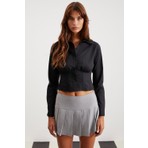 Grimelange Amethyst Kadın %100 Pamuk Slim Fit Poplin Crop Siyah Gömlek