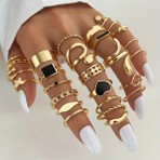 Girift Vintage Udaya Gold Çoklu Yüzük Seti Siyah Taşlı
