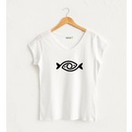 Etnik Balık Görselli  V Yaka Beyaz Tasarım Kadın T-Shirt