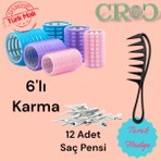 Croc 1225 Karma Bigudi 6lı + Saç Pensi 12lı Cırtlı - Yapışkanlı Saç Bigudisi