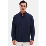 D'S Damat Ds Damat Comfort Lacivert Düğmeli Yaka Rahat Kesim Keten Görünümlü  Pamuk Gömlek 2HC02ORT64265