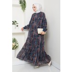 Harma Time Butik Kadın Astarlı Lacivert Şifon Şal Desen Elbise
