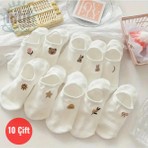 Hitit Socks Kadın 10 Çift Premium Çiçek ve Hayvan Desenli Görünmez Babet Çorap Şeker Beyazı