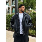 Çerme Vintage Erkek Oversize Siyah Deri Ceket