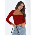 Kare Yaka Uzun Kollu Crop Bluz – Esnek Kumaş, Modern Stil