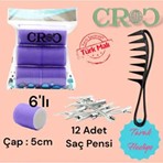 1203 Mor Cırtlı Sünger Bigudi 6lı Çap 5cm +(12LI Alüminyum Saç Pensi)